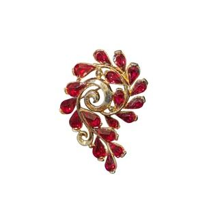 Vintage Crown Trifari  Brooch With Red Rhinestones Floral Swirl Design 2 Inches